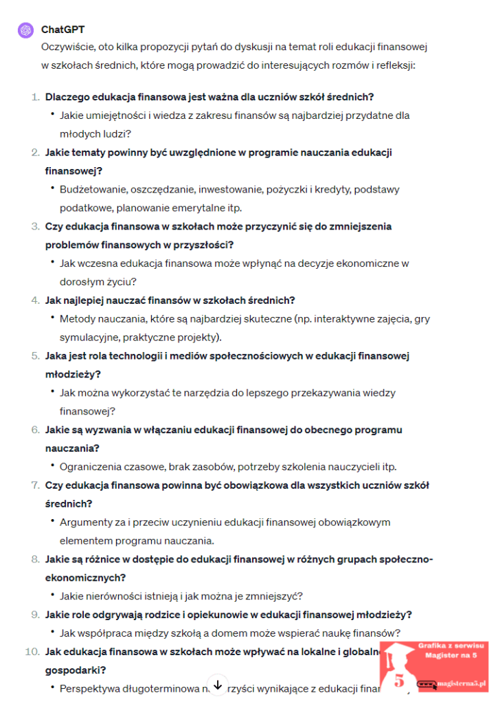 ChatGPT podaje pytania do dyskusji do pracy dyplomowej