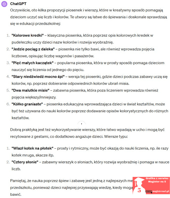 jak wykorzystać chatgpt w pracy w przedszkolu- piosenki i wiersze edukacyjne jak użyć chatgpt w pracy w przedszkolu- piosenki i wiersze edukacyjne