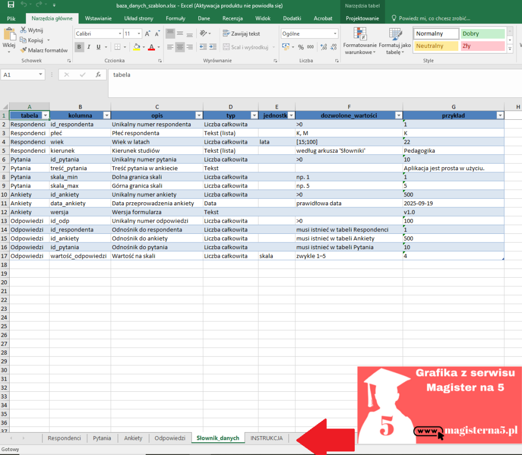 Excel bazy danych do pracy dyplomowej