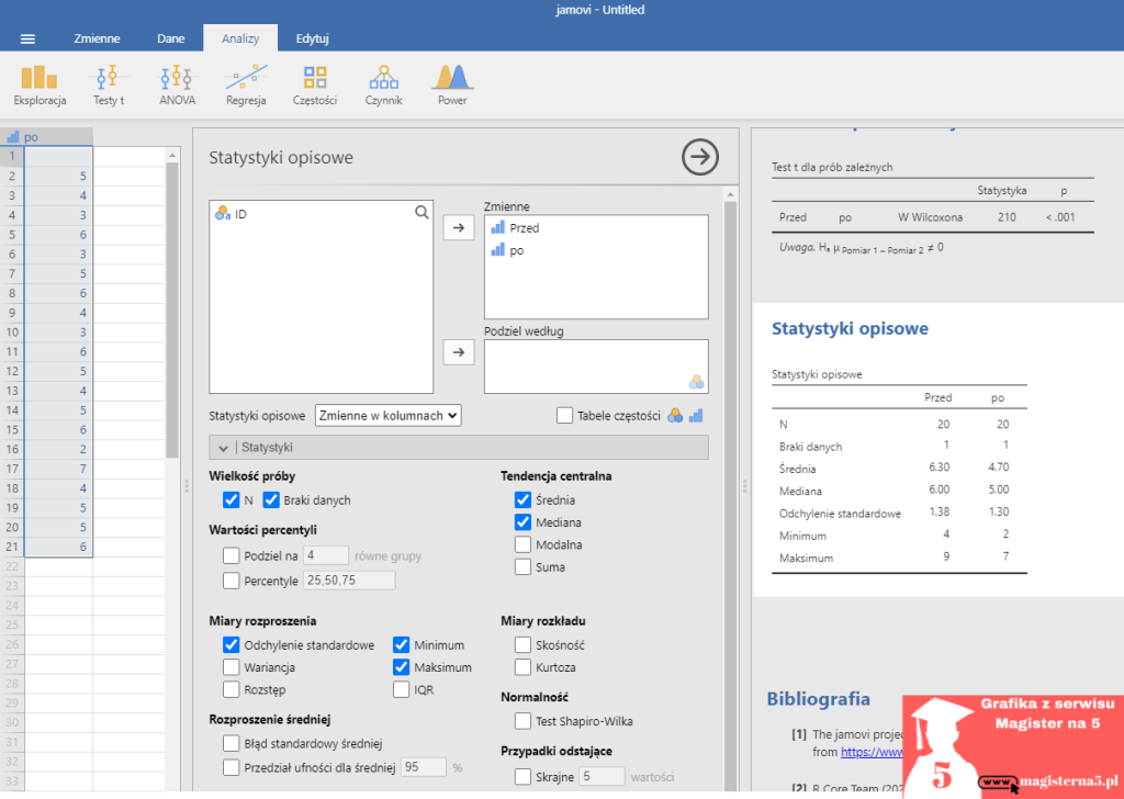 Jamovi Wilcoxona test w statystyce opisowej