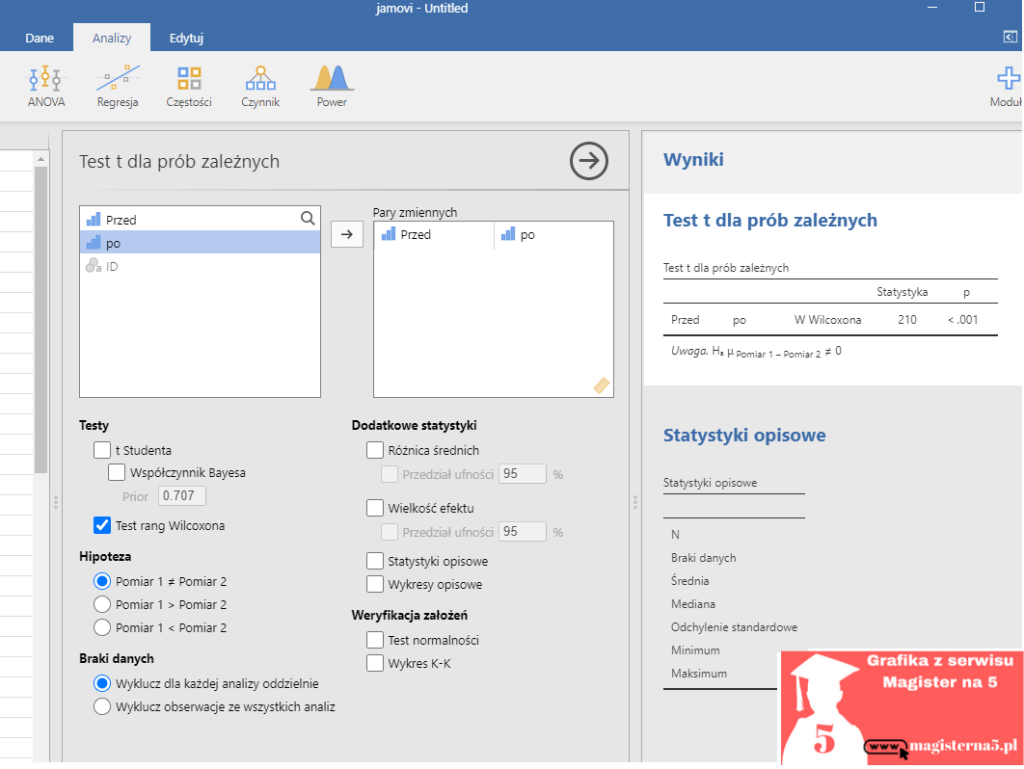 Test Wilcoxona w pracy w Jamovi