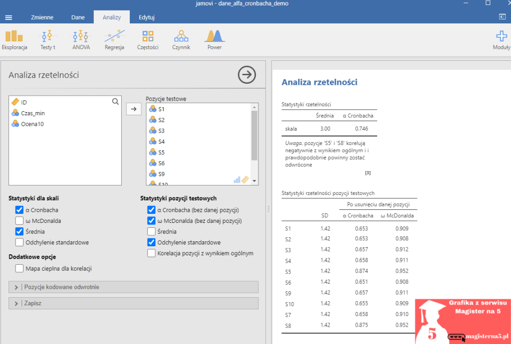 Alfa cronbacha w Jamovi